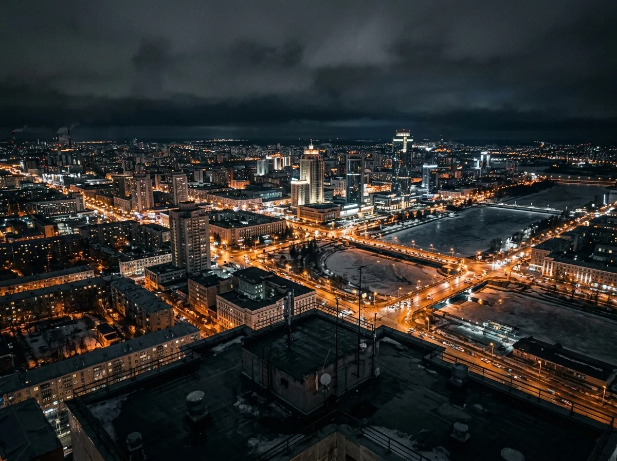 Фоновое фото — ночной Екатеринбург, вид сверху, тёмная атмосфера с огнями города, тревожное настроение
