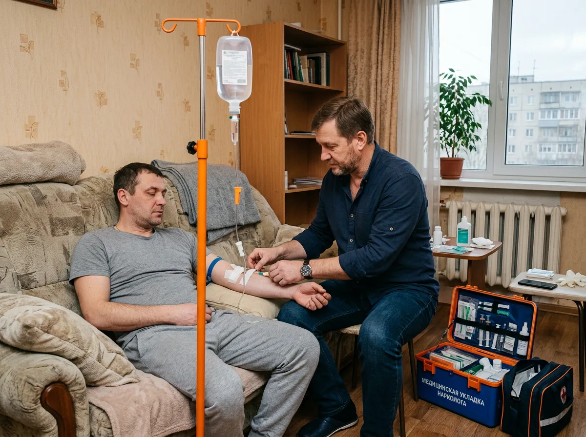 Врач-нарколог в гражданской одежде ставит капельницу пациенту дома в Екатеринбурге, спокойная обстановка, медицинский чемоданчик рядом