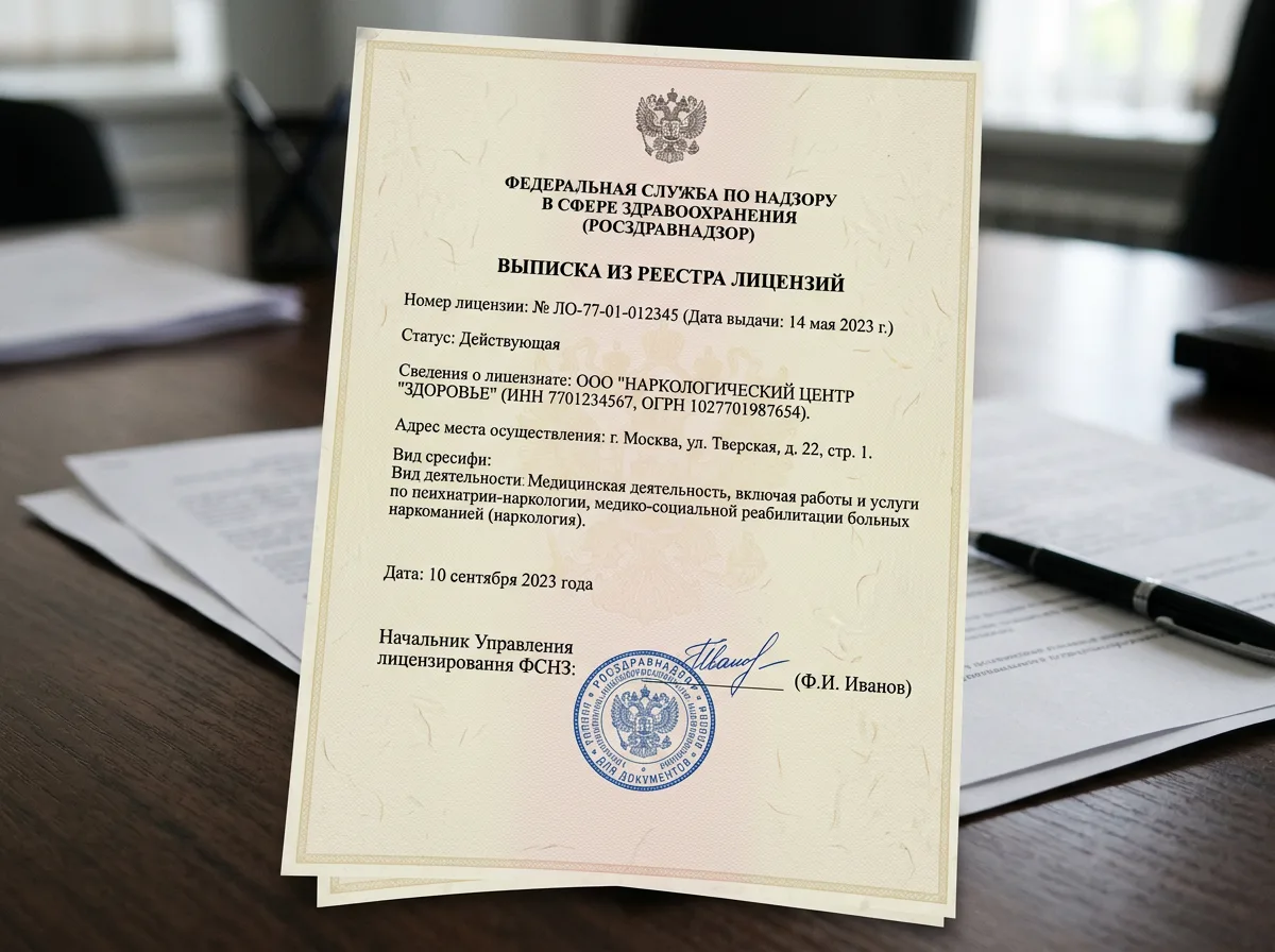 Выписка из реестра лицензий Росздравнадзора на наркологическую деятельность, официальный документ с подписями